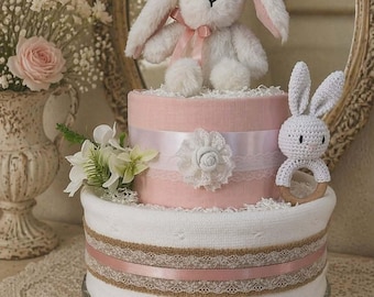 Tarta de pañales de lujo para niña / Regalo para baby shower en tonos neutros rosas / Manta para bebé, peluche de conejito y mordedor de conejito / Elegante regalo para recién nacido