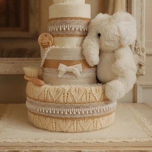 Diaper Cake “Élégance” – Neutral Luxury Baby Gift | Vintage French Style Baby Shower Centerpiece