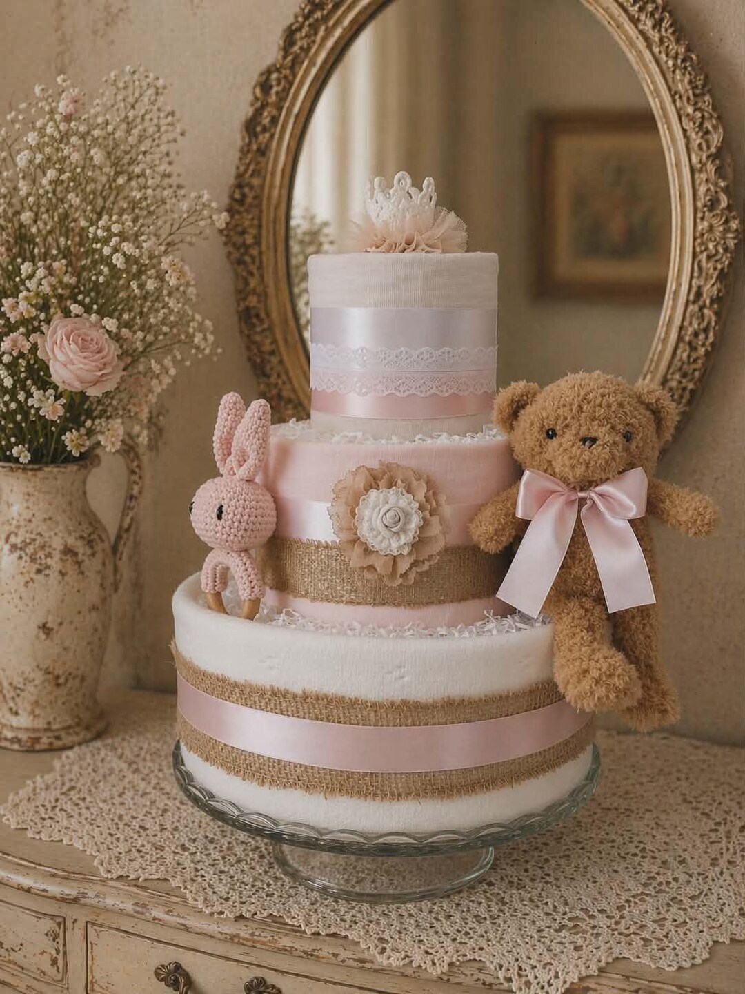 Luxury Baby Girl Diaper Cake | Pink Neutral Baby Shower Gift, Teddy ...