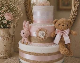 Torta di pannolini di lusso per bambina / Regalo per baby shower in rosa neutro, orsacchiotto, cerchietto con corona