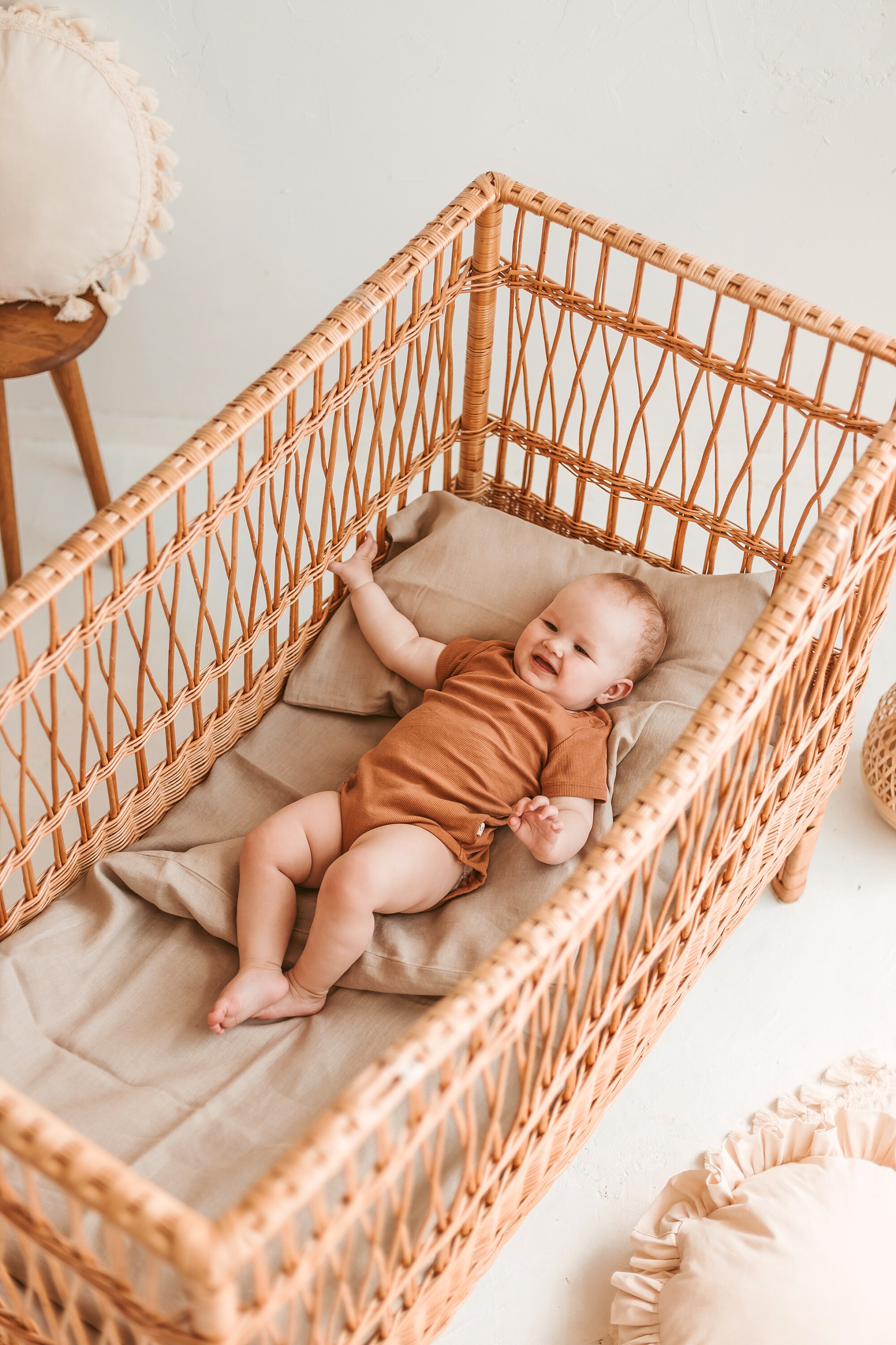 3 Pcs Baby, Toddler Linen Bedding Set in Beige Cot Bedding Set of Duvet