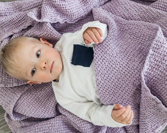Linen Waffle Blanket for Babies in Lilac: Linen Bath Towel, Linen Waffle Throw