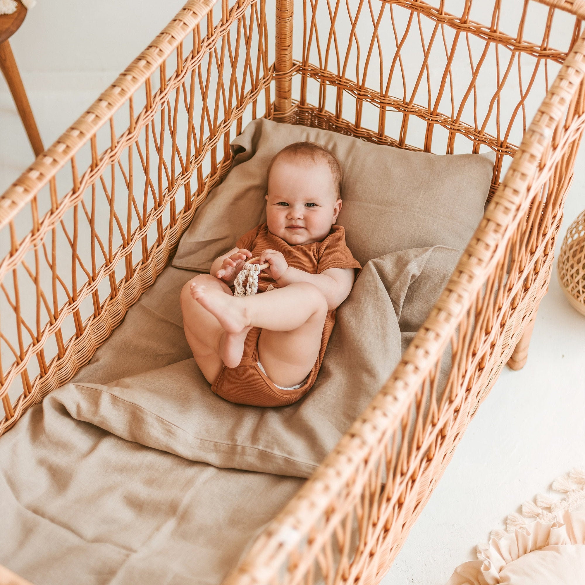 3 Pcs Baby, Toddler Linen Bedding Set in Beige Cot Bedding Set of Duvet