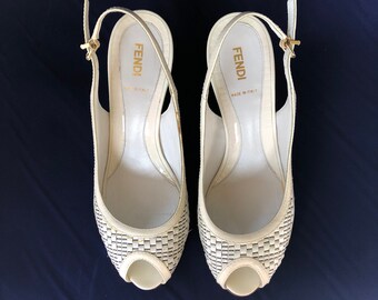 Vintage FENDI White Peep Toe Wedges 39.5