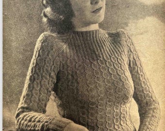 Vintage Ladies 1940s square yoked jumper knitting pattern 34 inch bust