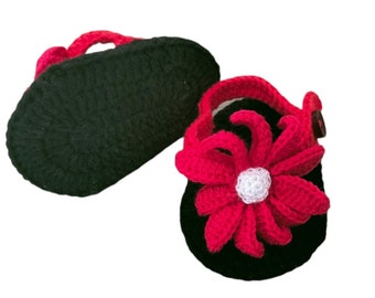 Crochet Baby Flip Flops, Red Flower Baby Sandals, Black And Red Outfit Flip Flops