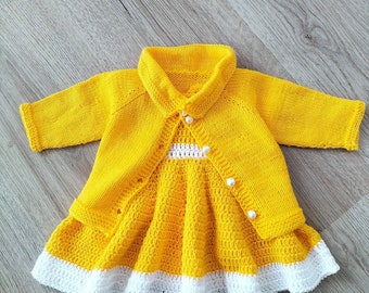 Crochet Baby Dress Set, Yellow Baby Cardigan, Mustard Girl Jacket And Dress Set