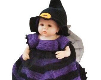 Ensemble de robe au crochet de sorcière noire, robe d’Halloween pour bébé, costume de sorcière nouveau-né, chapeau habillé et chaussures accessoires photo pour bébé, clochettes de tenue d’Halloween