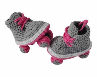 Crochet Roller Skate Baby Booties, Baby Roller Skates, Girl Newborn Skates, Gray Pink Rollers