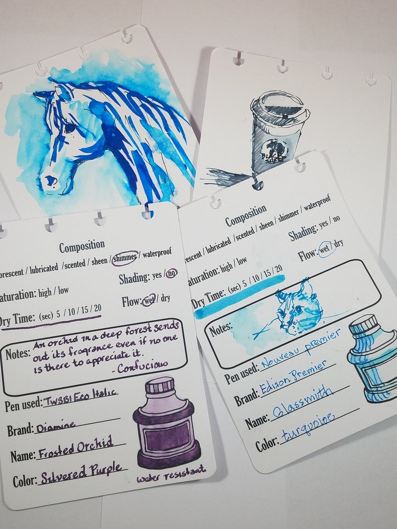 May include: Four ink sample cards with handwritten descriptions of the ink properties, including color, brand, pen used, and notes. The cards feature watercolor illustrations of a horse, a coffee cup, a cat, and a bottle of ink.