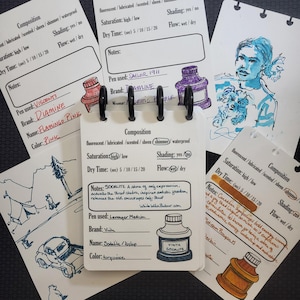 May include: Close-up of four index cards with handwritten notes about different ink colors. The cards are labeled with the ink color name, brand, and other details. The ink bottles are shown on the cards. The cards are arranged in a notebook.