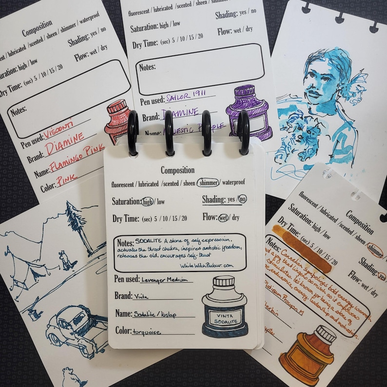 May include: Close-up of four index cards with handwritten notes about different ink colors. The cards are labeled with the ink color name, brand, and other details. The ink bottles are shown on the cards. The cards are arranged in a notebook.