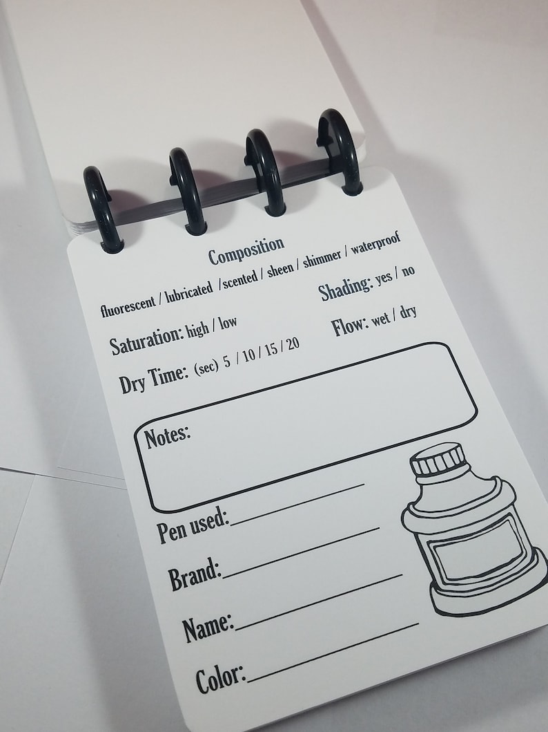 May include: A white page with a black ink pen guide for testing and reviewing ink properties. The guide includes sections for composition, saturation, dry time, shading, flow, notes, pen used, brand, name, and color. There is a black and white illustration of an ink bottle.