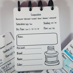 May include: A white notebook page with a black ink drawing of a bottle. The page has handwritten text about ink composition, including the words "fluorescent", "lubricated", "scented", "sheen", "shimmer", "waterproof", "saturation", "high", "low", "shading", "yes", "no", "dry time", "flow", "wet", "dry", and "notes".