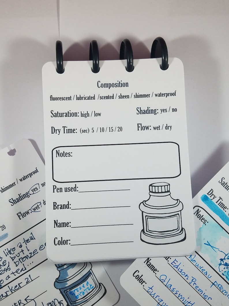 May include: A white notebook page with a black ink drawing of a bottle. The page has handwritten text about ink composition, including the words "fluorescent", "lubricated", "scented", "sheen", "shimmer", "waterproof", "saturation", "high", "low", "shading", "yes", "no", "dry time", "flow", "wet", "dry", and "notes".