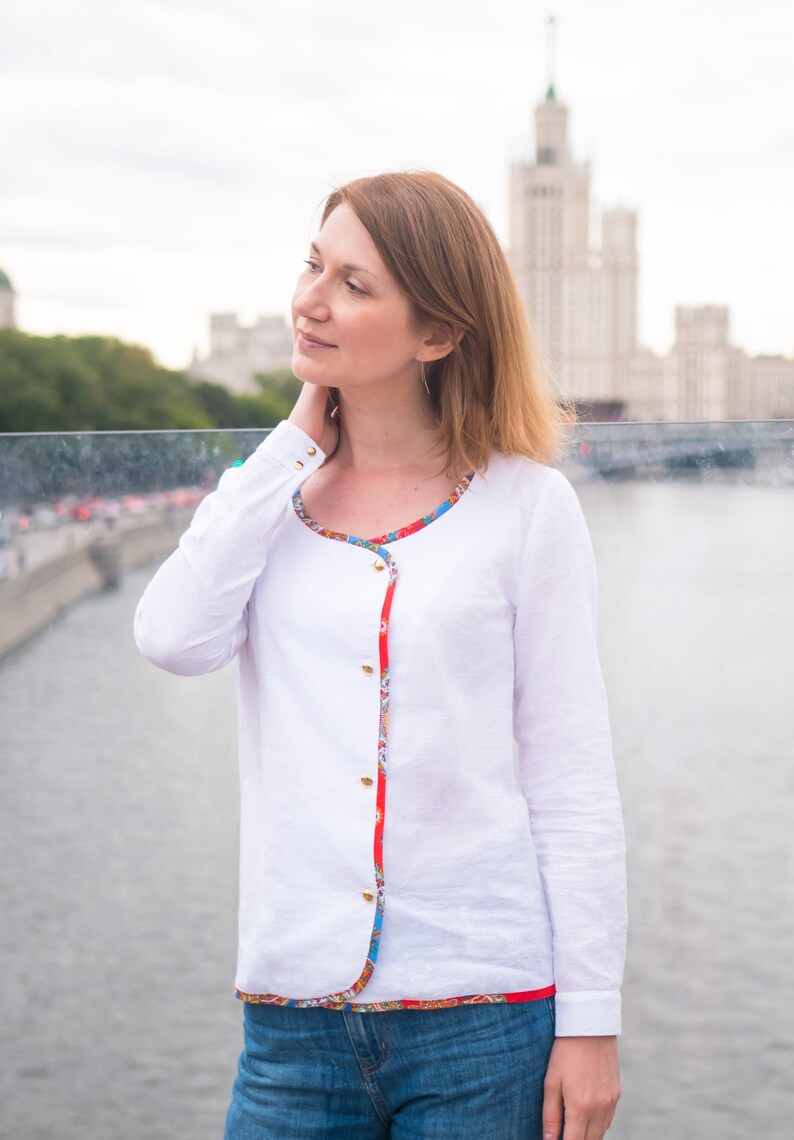 long sleeve shirt Chic shirt in organic cotton russian scarf timeless shirt round collar shirt