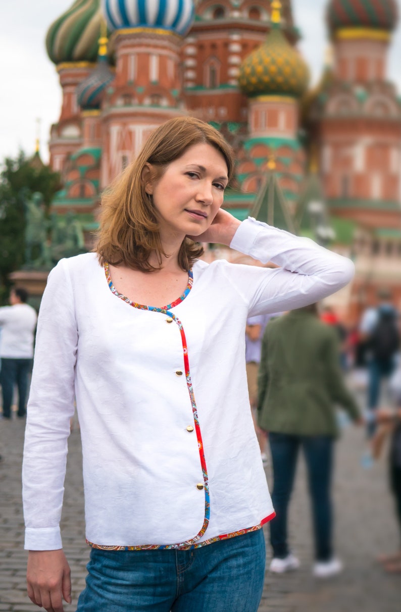 long sleeve shirt Chic shirt in organic cotton russian scarf timeless shirt round collar shirt