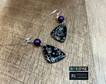 Witchy screen printed drop dangle earrings in black and white with purple beads, Handmade Halloween jewelry creepy cute accessories