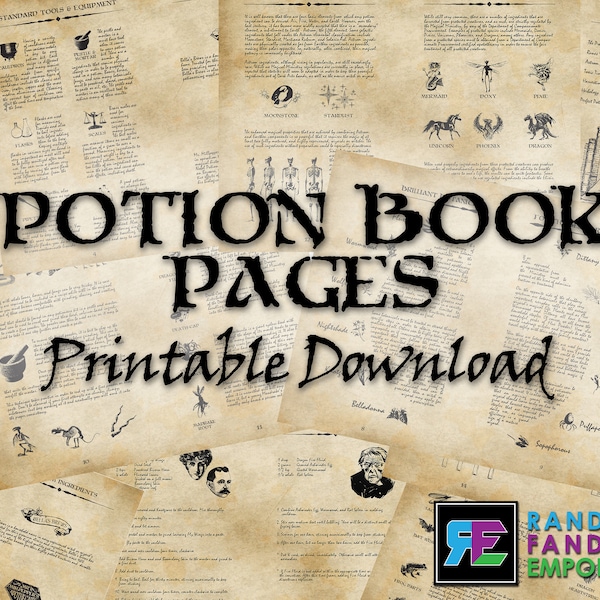 12 (24) Pages Printable Magic Potion Book Loose Pages, Magical Witch & Wizard Collectible, Halloween Pages, Digital Download, 8.5" x 11"