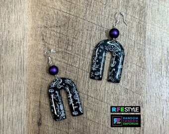 Witchy screen printed drop dangle earrings in black and white with purple beads, Costume accessories creepy cute gothic jewelry