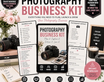 Kit de negocios para fotógrafos: plan, contrato, guía de bienvenida, listas de verificación.