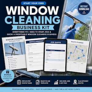May include: A window cleaning business kit featuring a business plan, service agreement, job quote, and route planner. The kit includes a squeegee, a blue-gloved hand cleaning a window, and text reading START YOUR OWN WINDOW CLEANING BUSINESS KIT.