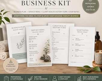 Kit de negocios para terapia de masajes: plan de negocios, menú de servicios, formulario de historial médico del cliente y notas SOAP / Inicie un negocio de masajes