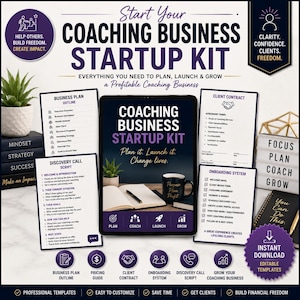 May include: A digital coaching business startup kit with editable templates. The image features a tablet with the words "Coaching Business Startup Kit" and supporting documents. Includes a business plan outline, client contract, and onboarding system.