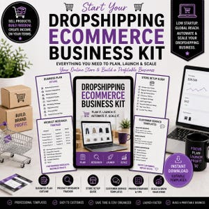 May include: A digital dropshipping ecommerce business kit featuring a tablet displaying the title, surrounded by printed guides including a business plan, product research tracker, store setup guide, and customer service templates with purple text.