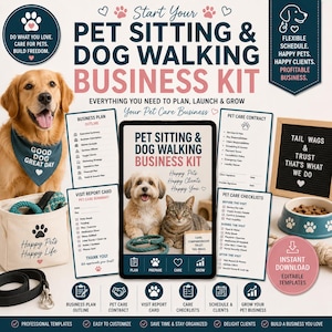 Könnte beinhalten: Ein Business-Kit für Tiersitter und Hundegänger mit einem Golden Retriever mit blauem Halstuch, einem Tablet mit Vorlagen, einer Stofftasche, einer Leine, einem Futternapf und einem Schild mit dem Text Tail Wags & Trust That's What We Do.