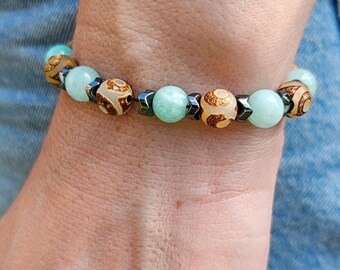 Jade, Tibetan Agate & Hematite Beaded Bracelet – Handmade Unisex Gemstone Jewellery
