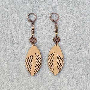 Leather Leaf Dangle Earrings: Handmade Copper Boho Jewelry