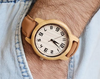 Unisex Wooden Watch: Miyota Quartz Movement, Faux Leather Strap