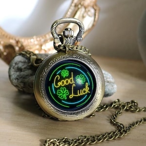 Good Luck Pocket Watch Necklace – Four Leaf Clover Charm –  Lucky Talisman Gift for Her – Vintage Style Pendant