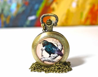 Raven Pocket Watch on a long chain Nevermore necklace inspired by Edgar Allan Poe