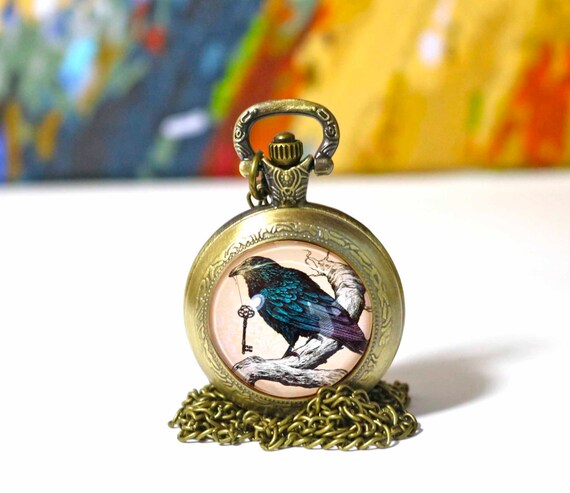 Raven Pocket Watch on a Long Chain Nevermore Necklace Inspired by