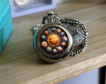 Collar con reloj de bolsillo del sistema solar, joyería de planetas, reloj de bolsillo celestial, reloj de bolsillo vintage, reloj colgante de cuarzo, reloj de astronomía