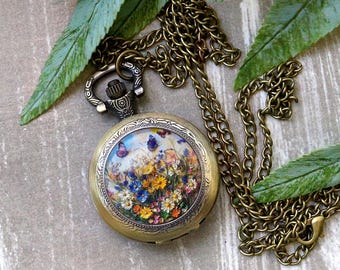 Wild Flowers Pocket Watch Necklace – Summertime Cottagecore Jewelry, Butterfly Fantasy Timepiece, Enchanted Pendant Gift for Him or Her