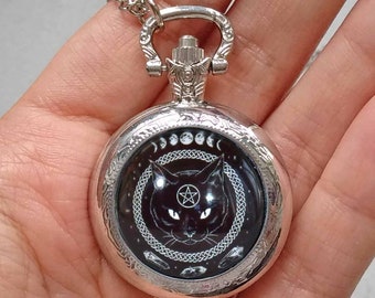 Wiccan Cat Pocket watch with pentagram and crystals