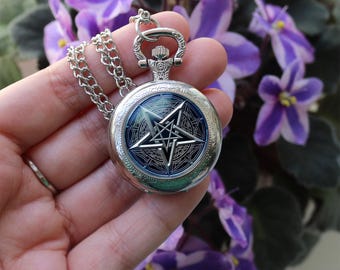 Inverted Pentagram Pocket Watch – Occult Steampunk Necklace – Dark Witch Jewelry – Gothic Satanic Amulet