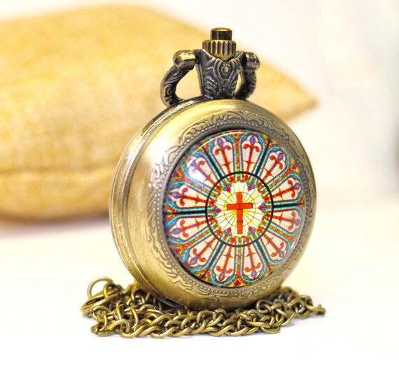 Church Window Christian Cross Pendant Handmade Pocket Watch Etsy
