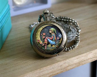 Enchanted Elf on Moon Pocket Watch Necklace – Fantasy Cottagecore Jewelry, Magical Forest-Inspired Pendant Gift for Him or Her