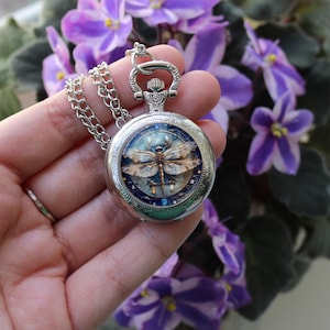 May include: A silver pocket watch with a dragonfly design. The watch face displays a detailed dragonfly illustration in brown and gold against a blue and teal background. The watch is suspended from a silver chain.