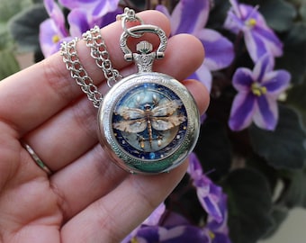 Libellen zakhorloge ketting – Vintage insecten sieraden – Natuurcadeau voor haar – Fairycore Cottagecore hanger zakhorloge
