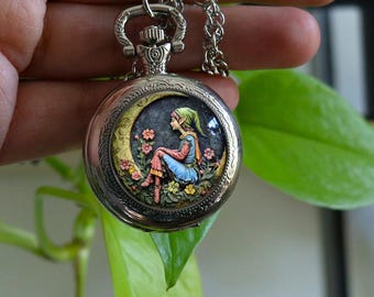 Colar Relógio de Bolso de Elfo, Joias Fairycore, Relógio de Bolso Fantasia, Relógio de Bolso Vintage, Relógio de Pingente de Quartzo, Presente Relógio de Fada Encantador