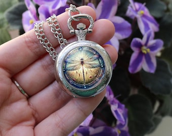 Antieke bronzen libelle zakhorloge ketting - grillige weide hanger cadeau - Vintage Cottagecore sieraden - natuur-geïnspireerde hanger
