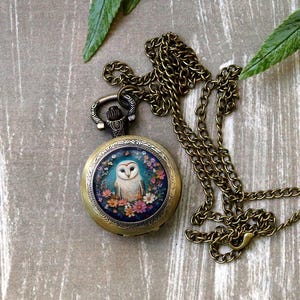 Barn Owl Pocket Watch – Floral Pendant Necklace with Woodland Owl