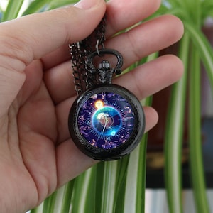 May include: A black pocket watch with a chain. The watch face features a celestial design with zodiac symbols and Roman numerals. The watch is held against a blurred green background.