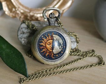 Collar con reloj de bolsillo del sol y la luna, reloj de bolsillo vintage, reloj con fases lunares celestiales, reloj colgante steampunk, joyería astrológica