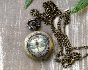Sierlijke libelle zakhorloge ketting – Romantische insecten sieraden – Natuurcadeau voor haar – Fairycore cottagecore hanger zakhorloge